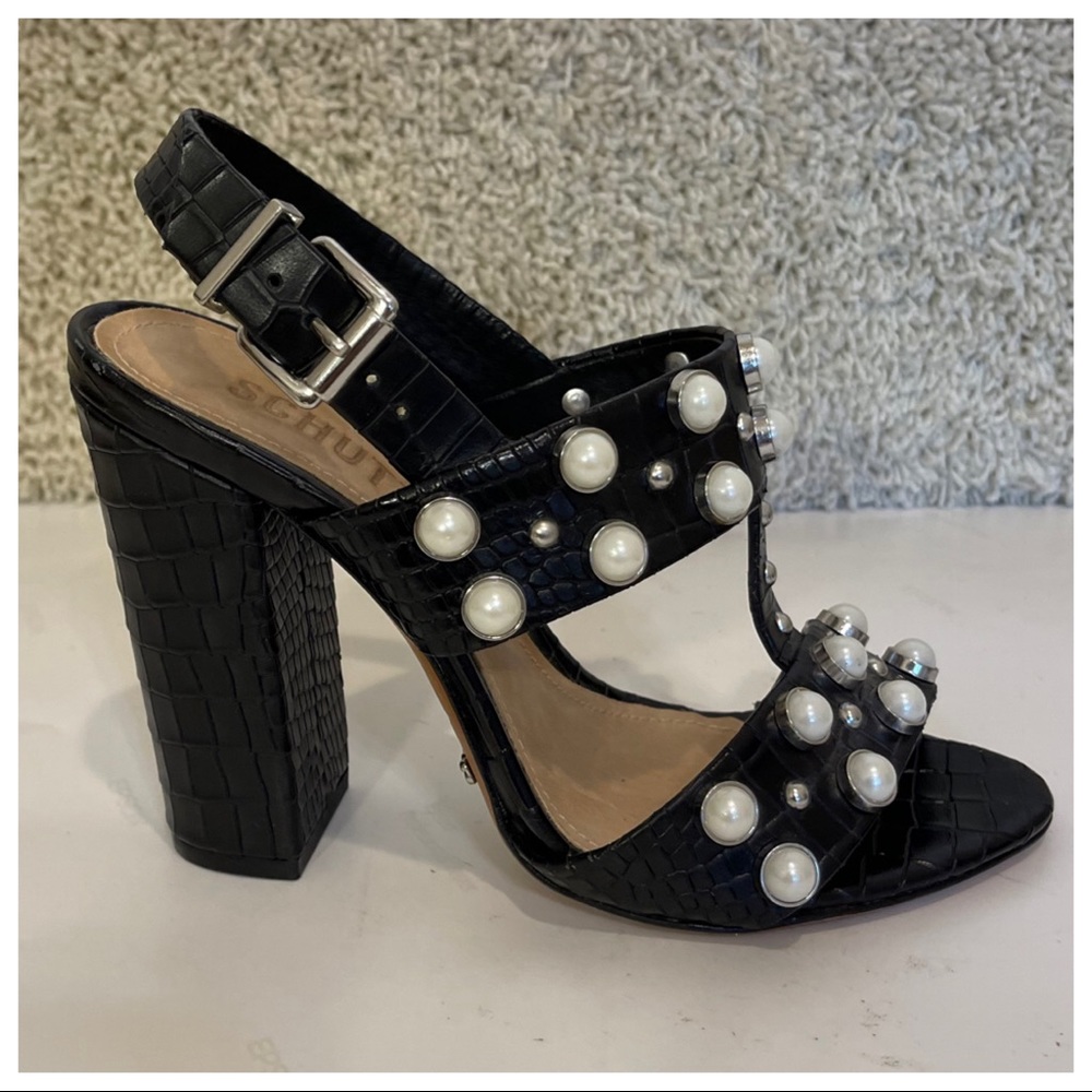 Schutz Zarita Sandal Black Leather open Toe Pearl Pump (6) - Picture 5 of 13